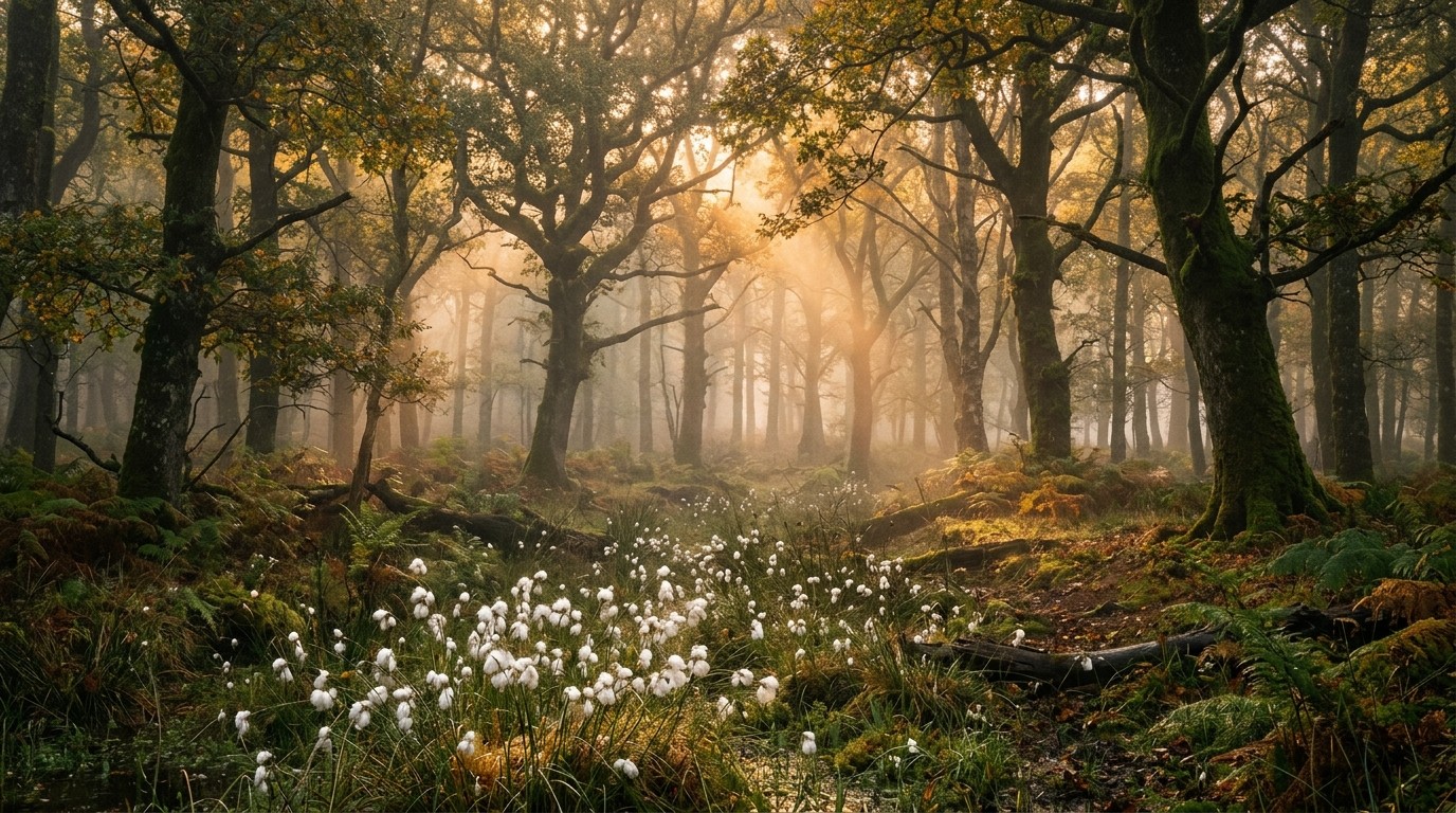 Irish forest at sunrise with bog cotton in the foreground and golden light through the canopy — IMPT carbon authority hero