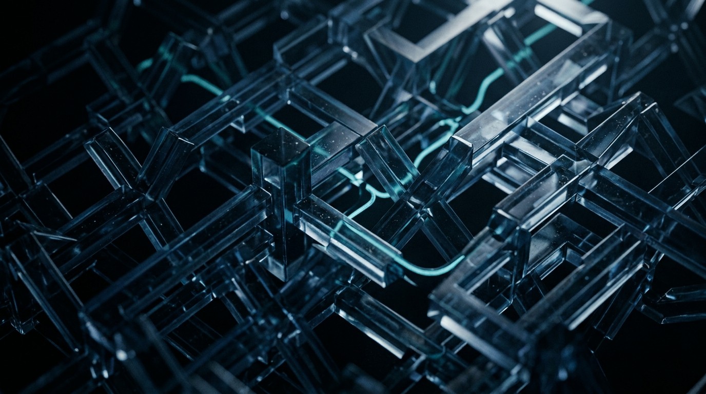 Abstract macro of a translucent dark-blue cryptographic lattice — Ireland Quantum Security Programme visualisation